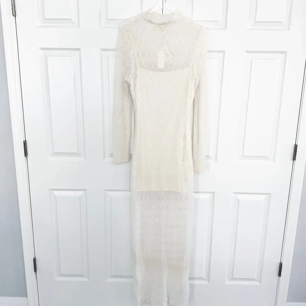 Abercrombie & Fitch Sheer White Merino Wool Blend Maxi Sweater Mock Neck Dress